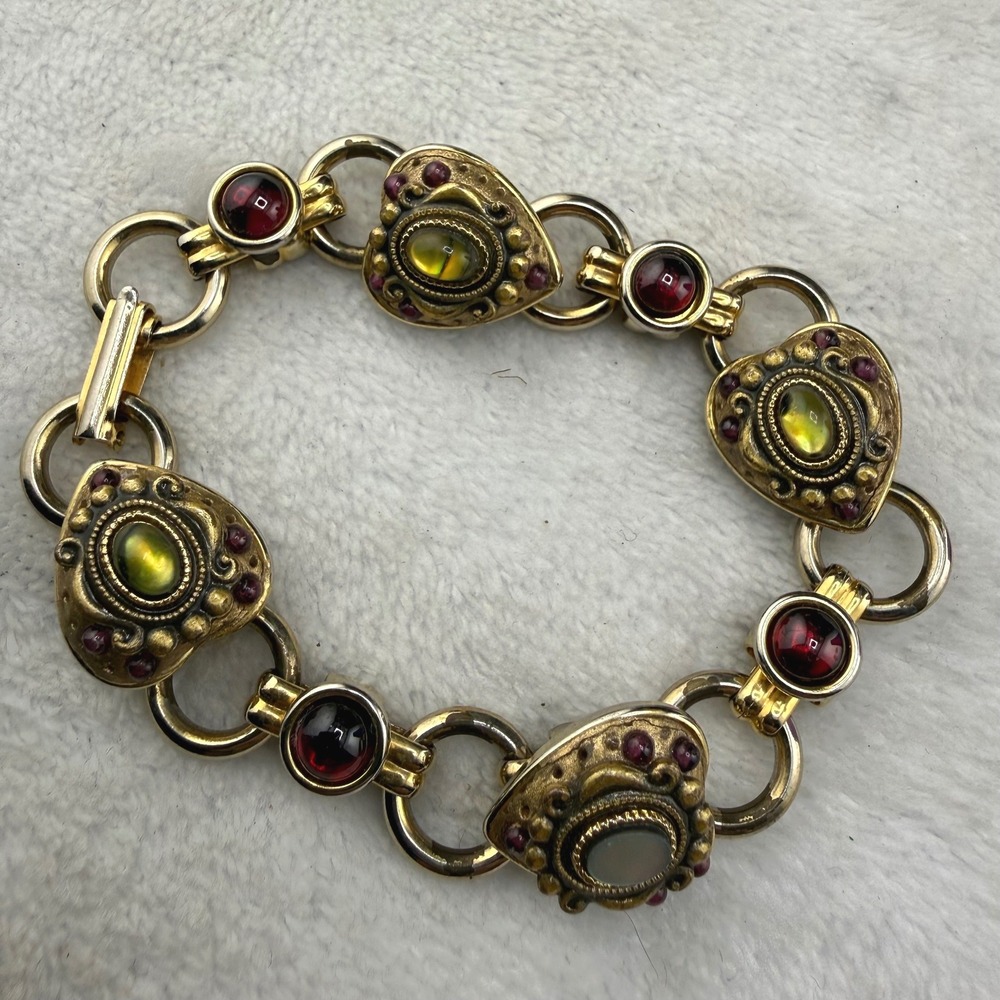 Vintage Heart Link Bracelet Gold Red Green 7.5in - Picture 1 of 9